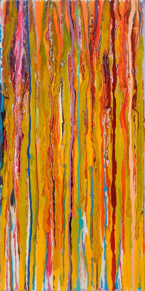 Click here to view Untitled pour, diarylide yellow and magenta by Mary Ellen Mogee